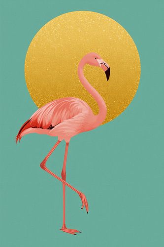 Illustratie met roze flamingo en gouden cirkel