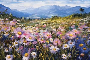 Gänseblümchen | Wandern in schönen Blütenfeldern | Gänseblümchen, Liu Xiaodong-Stil. von Blikvanger Schilderijen