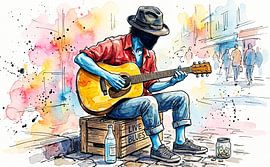 Peinture à l'aquarelle représentant un homme jouant de la guitare sur Artkreator