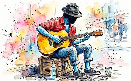 Peinture à l'aquarelle représentant un homme jouant de la guitare