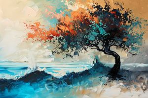 Ausdrucksstarker abstrakter Baum am Meer mit lebhaften Farben
