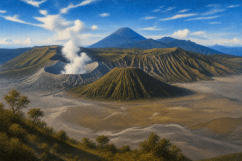 Der Bromo unter strahlend blauem Himmel, Ost-Java, Indonesien