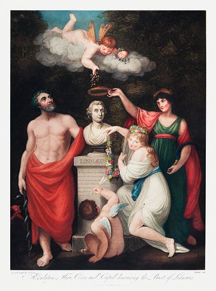 Flora, Aesculapius, Ceres, met Cupido, ter ere van de buste van Linnaeus uit The Temple of Flora (18 van Frank Zuidam