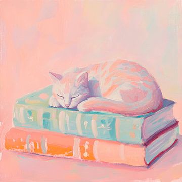 Slapende kat op een stapel boeken van Poster Art Shop
