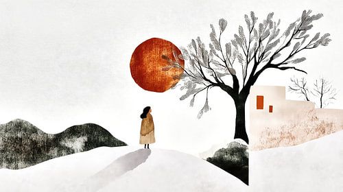 Winterlandschap met rode zon