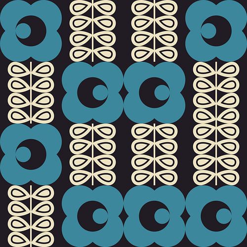 Retro jaren 70 vintage stijl kunstwerk in blauw, zwart en wit