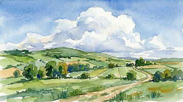 Watercolor Landscape with Hills, Fields, and Clouds