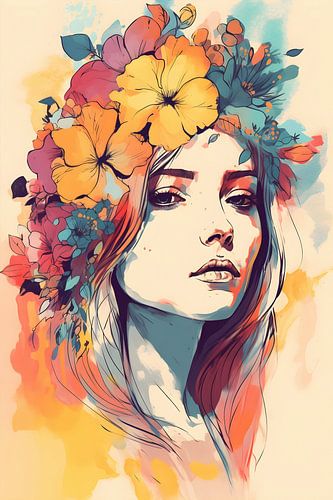 Fille aux fleurs colorées