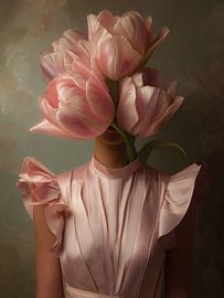 Surrealistisch portret met roze tulpen