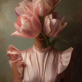 Portrait surréaliste avec des tulipes roses sur But First Framing