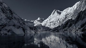Bergen en sneeuw weerspiegelen in het Troll fjord van Erwin Floor