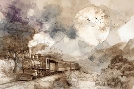 Train through mountain landscape - Nostalgic Watercolour Painting by Peter Pen Drawings and Paintings