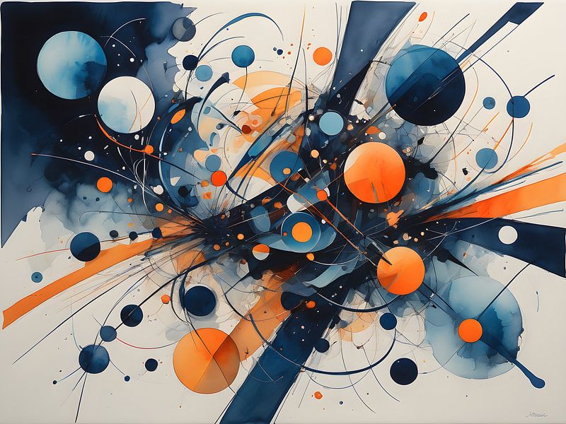 Explosie van Oranje en Blauw in Abstracte Vormen van Bart Veeken