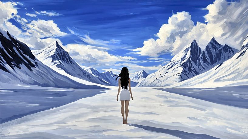 Frau in verschneiter Berglandschaft von Frank Heinz