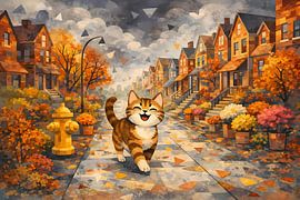 Fröhliche Katze im Herbst
