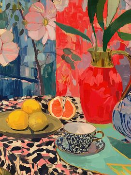Levendig stilleven met citroenen en bloemen van Cats & Dotz