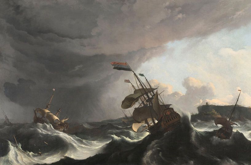 Die Kriegsschiffe Ridderschap und Hollandia im Sturm in der Straße von Gibraltar, Ludolf Bakhuysen von Meesterlijcke Meesters