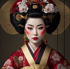 Geisha portrait in original clothes and hair and make up from the 19th century. by Brian Morgan