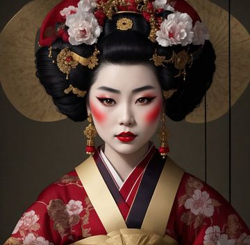 Geisha portret in originele kleding en haar en make up uit de 19e eeuw. van Brian Morgan