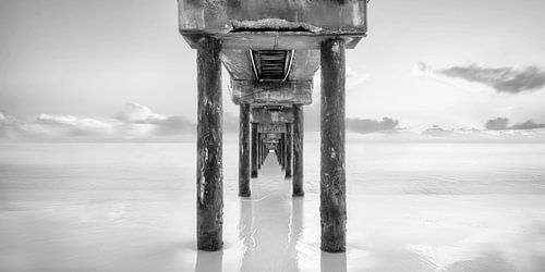 Brug op het strand van Barbados in zwart-wit