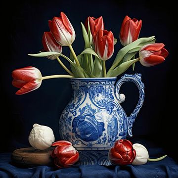 Tulipmania et vase bleu de Delft sur Vlindertuin Art