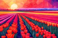 AbstractTulip fields, sunset with geometric shapes.