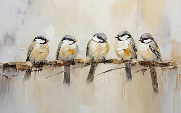 Five great tits on a branch by Bianca ter Riet