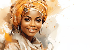 Porträt einer afrikanischen Frau mit lächelndem Aquarell-Kunstdesign und buntem Kopftuch