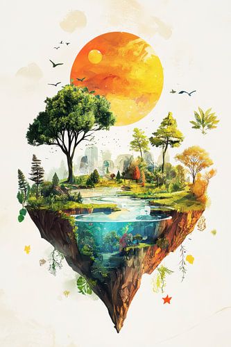 Drijvend ecosysteem onder een vurige zon