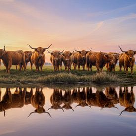 Schottische Highlander bei Sonnenuntergang, Ölgemälde von By Marjolein Design