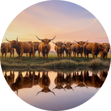 Schotse Hooglanders bij Zonsondergang, Olieverf