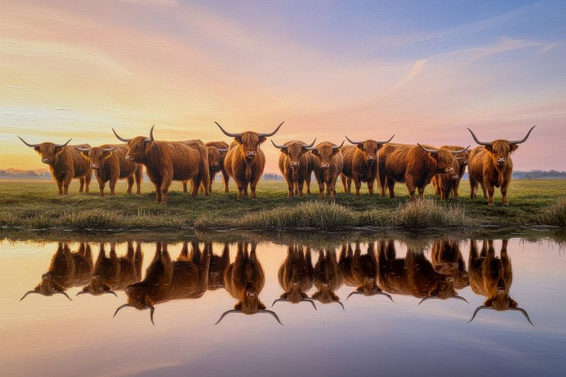 Scottish Highlanders at Sunset, Oil painting by By Marjolein Design