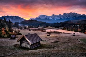 Almwiese im Karwendel Gebirge in den Alpen im Sonnenaufgang.