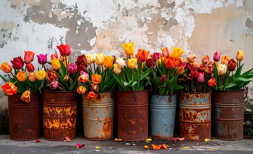 Tulips in rusty barrels...