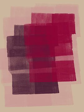 Bordeauxrood, aubergine en roze op beige. Abstracte vormen. van Dina Dankers