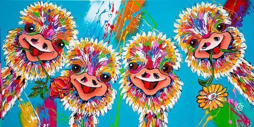 Vrolijke schilderij van struisvogels met bloemen