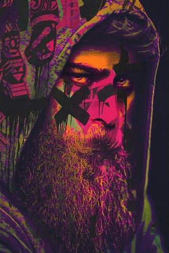 Mysterieuze heilige man in neon kleuren en popart stijl