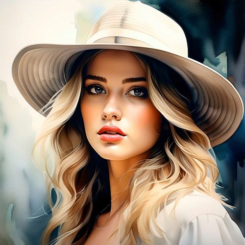Jonge schoonheid in witte jurk en hoed - aquarel portret