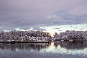 Blick über die Warnow auf die Hansestadt Rostock im Winter