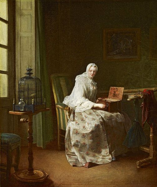 Dame mit Vogel-Orgel, Jean-Baptiste Siméon Chardin von Meesterlijcke Meesters