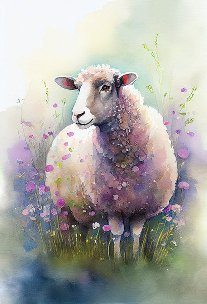 Sheep among colourful flowers by But First Framing