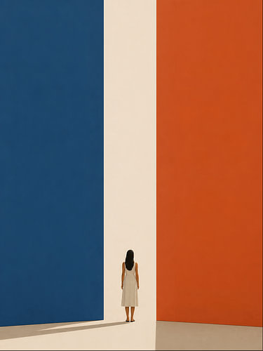 Minimalistisches Poster mit Frau zwischen Blau Orange und Creme von DesignDoodle