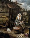 Eine Hausfrau in einem Innenhof, die Fische putzt, Hendrik Potuyl. von Meisterhafte Meister Miniaturansicht