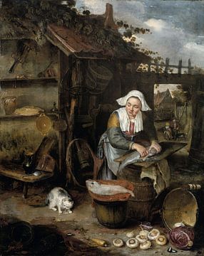 Een huisvrouw op een binnenplaatsje bij het schoonmaken van vis, Hendrik Potuyl