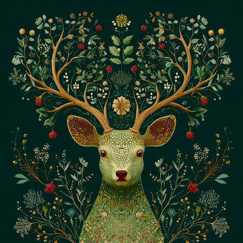 Deer in Botanical Symphony Natural Antlers and Green Elegance