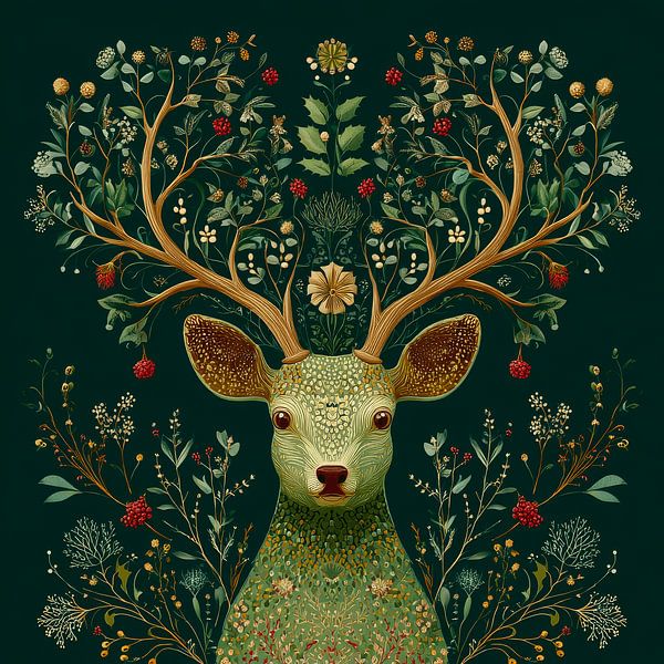 Deer in Botanical Symphony Natural Antlers and Green Elegance by Eva Lee