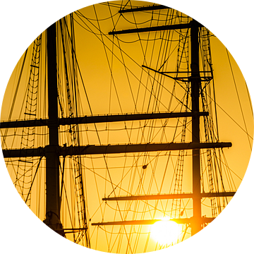 Silhouet schip masten tuigage zeilschip met zon tegen het licht van Dieter Walther