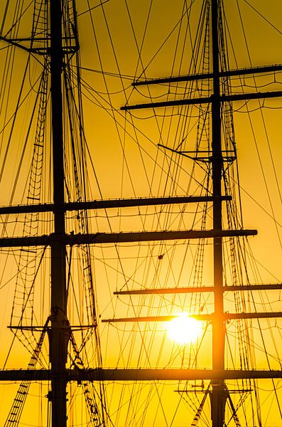 Silhouette ship masts rigging sailing ship with sun in backlight by Dieter Walther