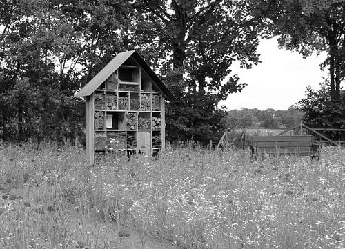 Insectenhotel in zwart wit.