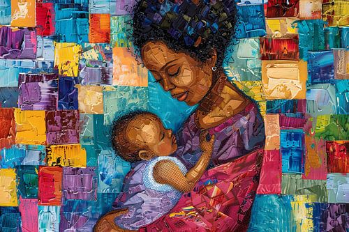 Digitaal abstract schilderachtig portret fictieve vrouw en kind